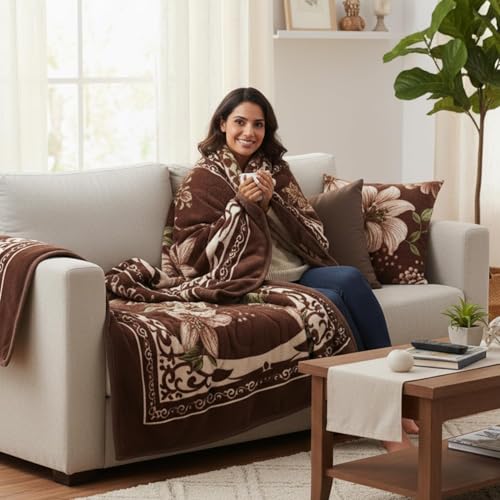 Image of Luxurious Heavyweight Microfiber Korean-Style Plush Blanket, Floral Velvet, 240x220 cm, Winter Comfort, Single Layer (Brown Multicolor, Single)