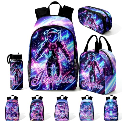Image of Custom Kids Backpack for Boys Toddler Backpacks Back to School Bookbag Set | Kid Personalized Backpack with Lunch Bag Boys Kindergarten Elementary Preschool Daypack Birthday Gifts Neon Sci-Fi Space Man
