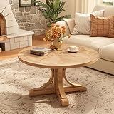 PADMA HOUSE Round Wood Coffee Table with Pedestal Base, Wooden Circle Center Table with Splicing Wood Tabletop, Farmhouse Cocktail Table w/Post and Curved Bracket Base,33.5' x 33.5'