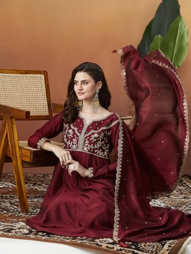 Image of MOKOSH Women's Silk Anarkali Kurta Pant with Dupatta | Anarkali Kurta Set | Embroidered | Ethnic Wear | Notch Neck Full Sleeve