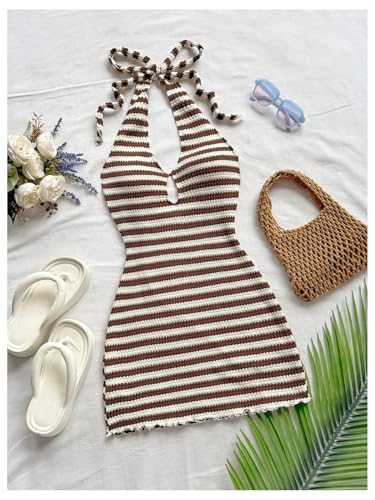 Image of GORGLITTER Women's Vacation Outfit Crochet Halter Knit Bubble Mini Dress Sexy Beach Cruise Summer Miami Resort Outfits