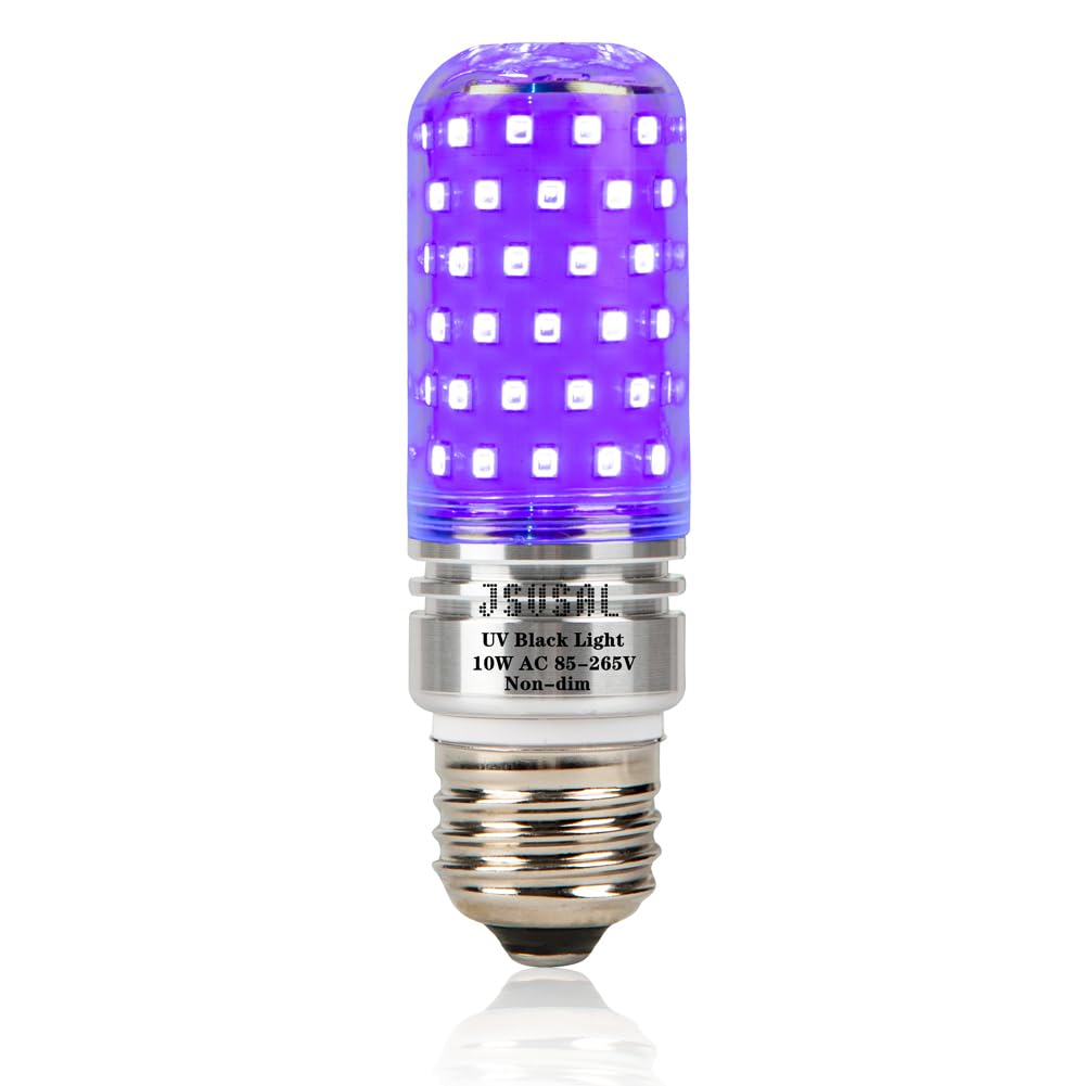 JSVSAL LED Black Lights Bulb Non-dimmable,10W Blacklight 100W Equivalent, AC 85-265V E26 Medium Base,UVA Level 395-400nm,Glow in The Dark for Body Paint,Blacklights Party,Fluorescent Poster (1-Pack)