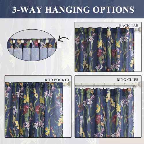 Image of Schweek Boho Curtains 2 Panels 96 Inches Long for Living Room Navy Blue | Cotton Linen Vintage Floral Printed Patterned Long Curtain, Farmhouse Western Drapes for Bedroom, Dining Room Office 52 inchx96 inch