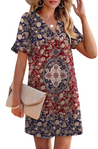 Image of OFEEFAN Summer Dresses for Women Ruffle Short Sleeve V Neck Casual Shift Dress with Pockets