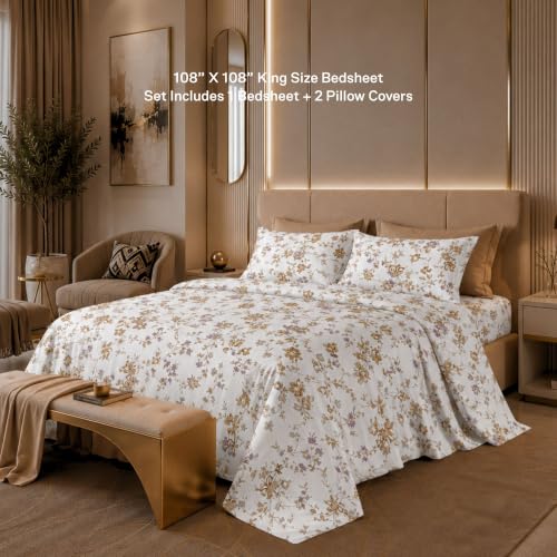 Image of Jaipur Weaves Cotton Linen Feel King Size Bedsheet 108x108 Super King, 100% Pure Cotton Bed Sheet with 2 Pillow Covers, 300 TC Soft Breathable Floral Design Bedding -(Vintage Mustard, Super King)