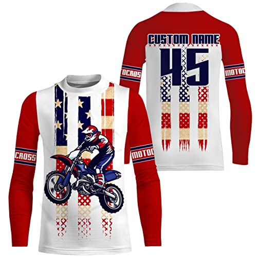 PIONAMZIOZ American Flag Motocross Jersey Personalized UPF30+ Kid&Adult Patriotic Dirt Bike Long Sleeves NMS1095