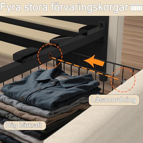 XMETPR Doppelbett mit Polster 140x200 cm, Funktionales Bettgestell mit 4 Schubladen & LED-Beleuchtung & 2 USB- & 2 AC-Ladestationen, Holzlattenrost, Leinenbezug, Plattformbett, geräuschfrei, beige