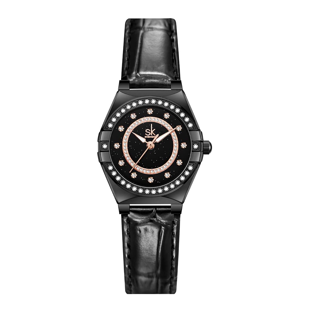 SHENGKESHENGKE SK Fashion Damenuhren mit Kristall-Diamanten Damen-Armbanduhr mit echtem Leder- und Edelstahlband.
