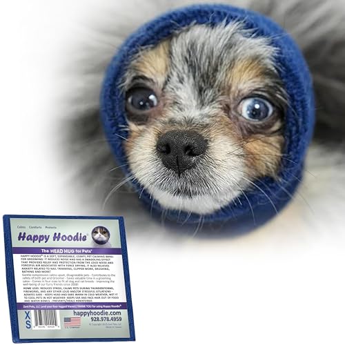 Happy Hoodie Das Original Beruhigungsband für Hunde und Katzen, Angstlinderung/Lärmschutz, Fellpflege, Thunder-Fireworks (XS, Blau)