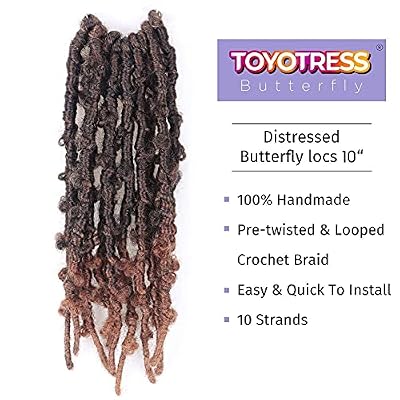 TOYOTRESS Butterfly Locs Crochet Hair - 10 inch 8 Pcs Pre-twisted Distressed Crochet Braids Pre-looped Synthetic Braiding Hair Extensions (10 Inch,T30)