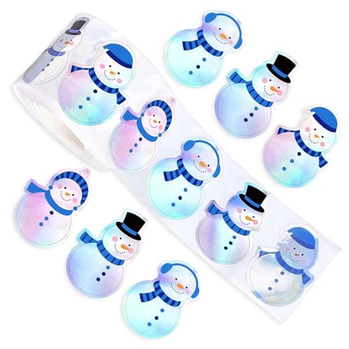 500Pcs Christmas Snowman Stickers Roll 1.2Inch Laser Waterproof Decals Cute Funny Self-Adhesive Sticker Roll Winter Blue Snowman Stickers for Kids Envelope Scrapbook Holiday Party Decor