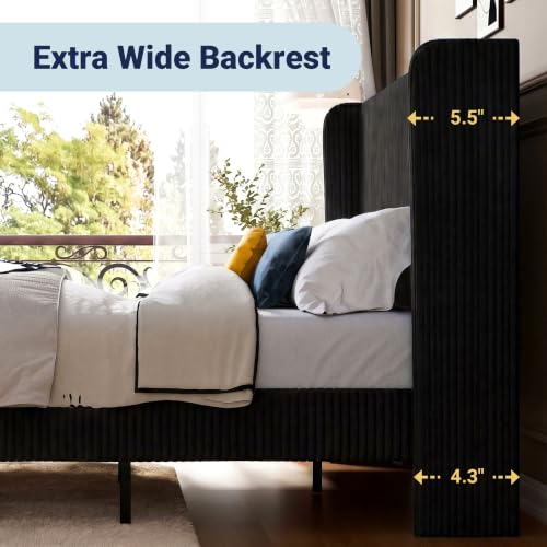 Image of Allewie Queen Size Platform Bed with Corduroy Wingback Headboard, Black