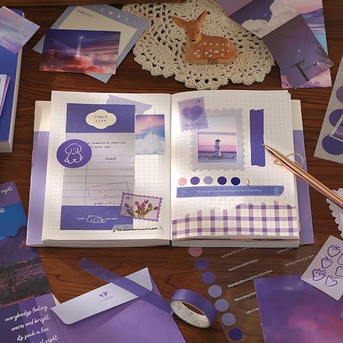 Image of VOTDOT (346Pcs) Paper Junk Journal & Scrapbook Kit, Scrapbooking Supplies Kit with Creative Decor Journaling Supplies, Stationery, Stickers, A6 Grid Notebook with Graph Ruled Page Gift for Girl & Adult (purple moon light)
