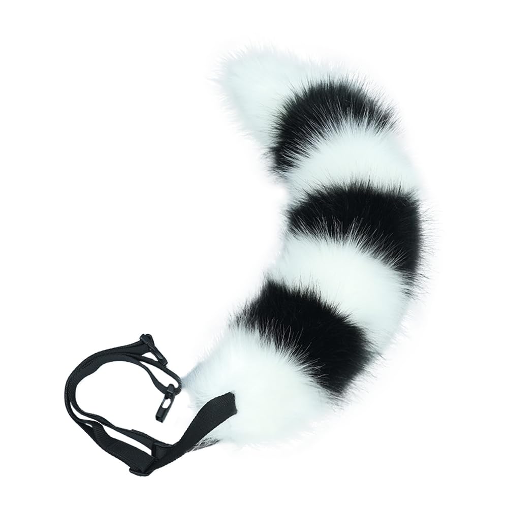 ILUFAM Faux Fur Striped Wolf Fox Tail 60cm Furry Animal Tail For Halloween Party Costume Accessories Cosplay Dress Up (White&Black)