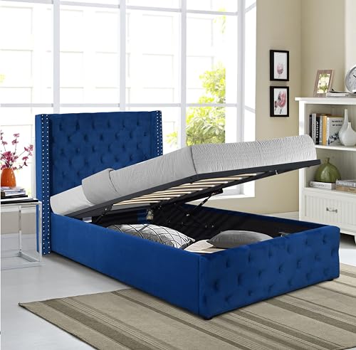 Image of Comfy Living Winged Plush Velvet Ottoman Gas Lift Storage Bed In Blue (No Mattress, 3ft Single)
