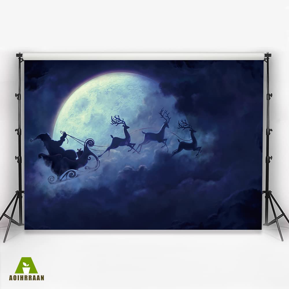 Sfondo Natalizio 1,5x1m Con Babbo Natale E Slitta – Tema Inverno, Neve E Luna, Per Foto Di Festa E Capodanno - 2
