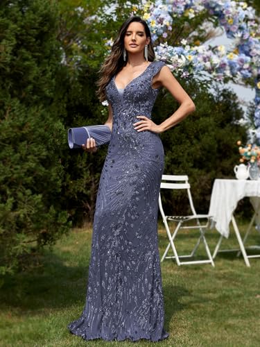 Image of Womens Sequined Long Evening Gown Glamous Sleeveless V-Neck Mermaid Prom Dress for Wedding Party Club Occasions