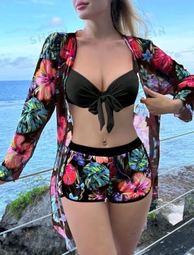Image of AARAM Sexy Hot Beach Bikini Set for Women, Women's 3 Piece Beach Wear Stylish Printed Shorts Cardigan Suit Swimwear, Three-Piece Co-ord Set for Pool Vacation Honeymoon Beachwear