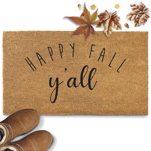 Happy Fall Y'all Coir Doormat 30x17 Inch, Autumn Door Mat Decor for Covered Outdoor Area, Fall Welcome Mat w/Nonslip PVC Backing