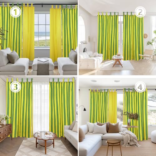 Image of Cotton Stripe and Solid Tab Top Loop Curtains Button Type Combo of 3 Pieces. (Yellow Multi, 4 x 5 ft - Window Curtain)