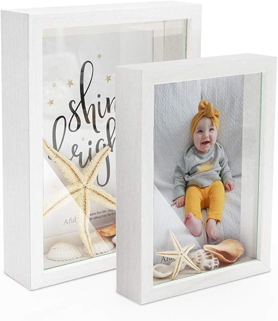 Afuly White Shadow Box Frame 6x8 and 5x7 Wooden Deep Photo Frames Freestanding or Wall Hanging Cards Tickets 3d Case Baby Shower Gifts, Set of 2