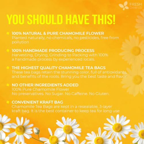 Image of FRESHDRINKUS, 135 Chamomile Tea Bags, 100% Natural and Pure Chamomile Flowers, Eco-conscious Tea Bags. Chamomile Flower Herbal Tea. No Sugar, No Caffeine, No Gluten, Vegan.