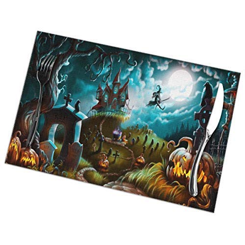 Halloween Witch Castle Moon Pumpkin Placemats Set of 6 Heat-Resistant Washable Table Non-Slip Place Mat for Dining Table 12 x 18 Inches