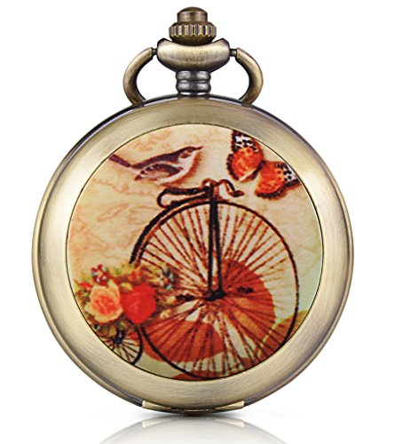 Preisvergleich Produktbild Unendlich U Retro Fahrrad Schmetterling Vogel Foto Medaillon Handaufzug Mechanische Taschenuhr Schwarzes Zifferblatt Skelettuhr Pullover Halskette, beide Ketten