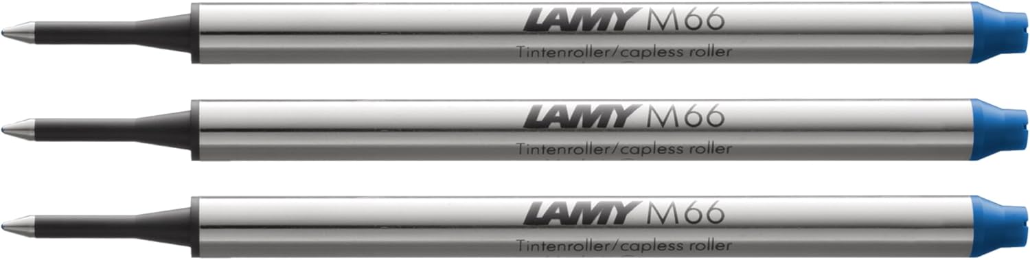 Lamy M66 4-pack metal rollerball refill with large capacity - Original replacement refill for all rollerball pens without cap - Document-proof - Broad line width in blue ink