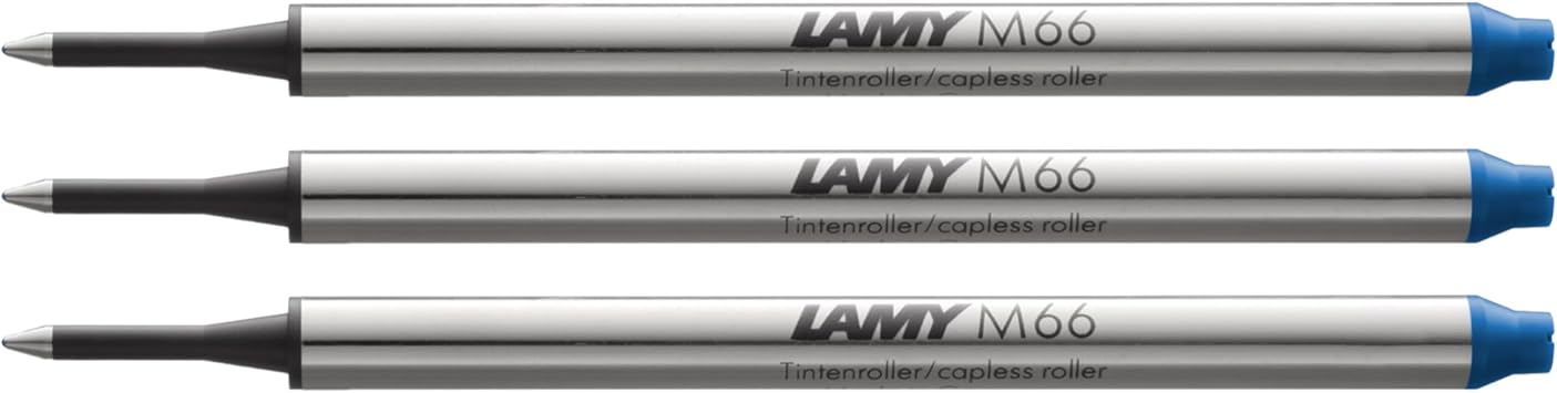 Lamy M66 3-pack metal rollerball refill with large capacity - Original replacement refill for all rollerball pens without cap - Document-proof - Medium line width in blue ink
