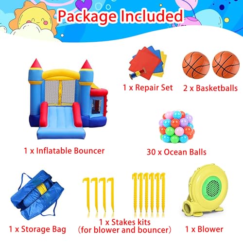 RETRO JUMP Inflatable Bounce House, Bouncy House for Kids Outdoor, Inflatable Kids Bounce House with Jumping Ball Pit & Basketball Hoop, Ocean Balls, Blower, Patch Kits, Stakes, Carrying Bag - Thumbnail 4