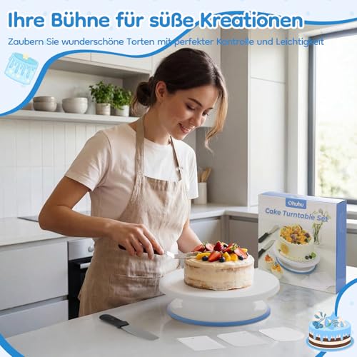 Ohuhu Tortenplatte Drehbar, 27,5 cm Drehteller Torte mit Rutschfestes Stand and Backzubehör - 2 Streichpaletten & 3 Teigschaber, Torten Drehplatte für Tortendekoration, Geschenk für Bäckerinnen