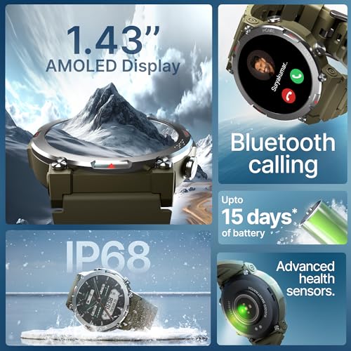 Image of CrossBeats Everest Smart Watch for Men 1.43 inch True AMOLED, Always ON Display Bluetooth Calling Rugged Outdoor Military Standard Certified Upto 15 Days Battery Life Smartwatch 100+ Sports Mode (Green)