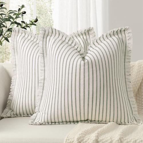 Image of ZWJD Throw Pillow Covers 18x18 Set of 2 Striped Pillow Covers with Fringe Chic Cotton Decorative Pillows Square Cushion Covers for Sofa Couch Bed Living Room Farmhouse Decor (Olive Green)