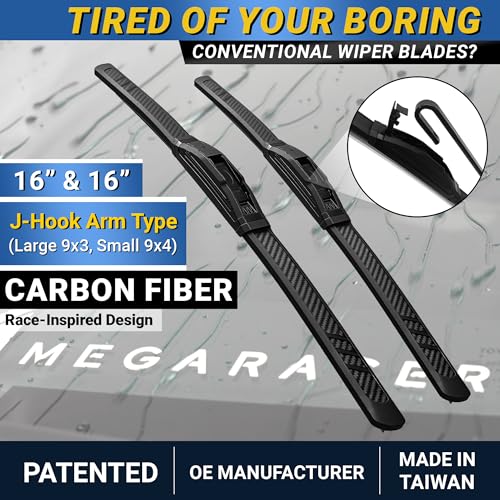 Image of Premium Silicone Windshield Wiper Blades, Wrangler Gladiator 2018-2025, 16 inch | 2 Pack, Carbon Fiber Design, Quiet Smooth Streak-Free Clean Wipe, All-Season OEM Quality, Front Automotive Replacement Wipers