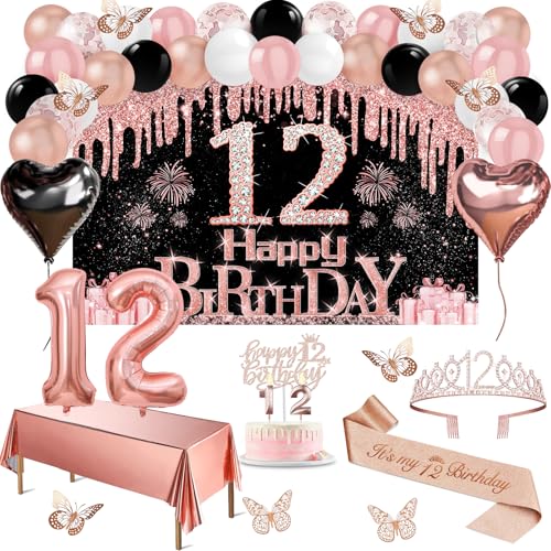 12th Birthday Decorations for Girls, 49pcs Black Rose Gold Black Happy 12th Birthday Banner, Tablecloth, Butterfly Decor, Sash and Tiara, Cake Topper, Candles, Balloons Arch