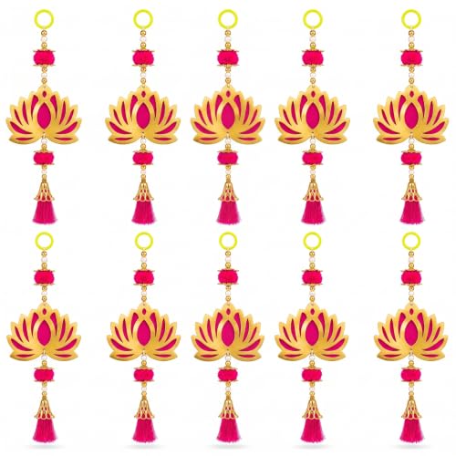 Image of JH Gallery Pink Pom Pom Lotus for Ganpati Decoration Setup for Home - Handmade Ganesh Chaturthi Backdrop, Pooja Room, Mandir & Main Door Toran (11 Inch, Pack of 10)