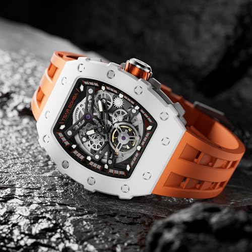 Image of TSAR BOMBA Men's Automatic Watch Tonneau Luxury Skeleton Watches for Men Mechanical 50M Waterproof Analogue Watches Mens Unique Cool Square Big Face Dial Wristwatch with Silicone Strap Band