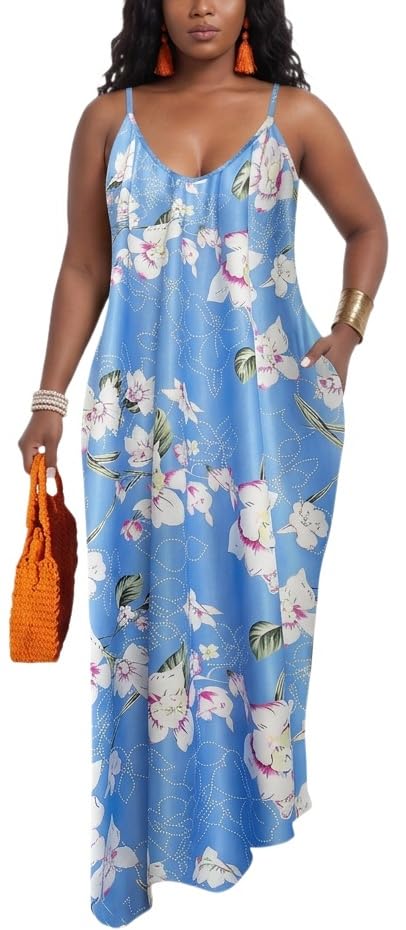 Image of Women's Casual Summer Maxi Dresses Sleeveless Adjustable Spaghetti Strap Loose Plus Size Dresses