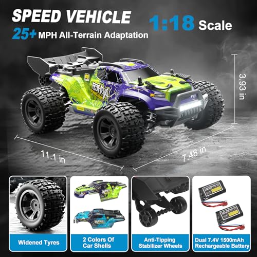 Image of 1:18 Scale 4WD High-Speed RC Car, 25 MPH Off-Road Remote Control Truck for Adults & Teens - All Terrain Electric Vehicle with 2 Rechargeable Batteries & 2.4GHz - Gift Idea (1:18 Scale)