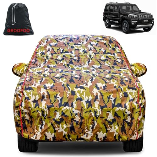 Image of Waterproof Car Body Cover with Mirror Pockets Compatible with Mahindra Scorpio Classic a Car Cover | Triple Stitch and UV & Dust Proof All-Weather Protection, (Army Red)