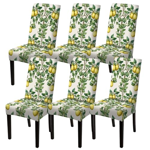 Image of Nuxovilar 6PCS Lemon Tree Yellow Green Leaf Stretch Chair Covers | Stretch Slipcover Furniture Protector Lemon Wrap Seat Guard Dining Room Kitchen Garden Cafe (Lemon Tree Pattern)