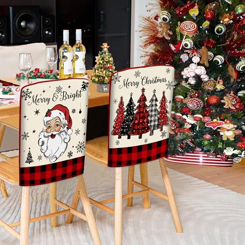 Image of TREWAVE Christmas Chair Covers Set of 6 Buffalo Plaid Santa Claus Chair Back Covers Snowman Holiday Dining Chair Slipcovers Protector Kitchen Dining Room Decor Festival Party Decoration
