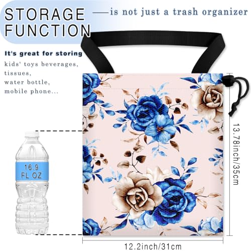 Image of Car Trash Bag Hanging Back of Seat Waterproof Small Cute Printed One-Handed Strap Drawstring Garbage Bags for Car-Blue Rose