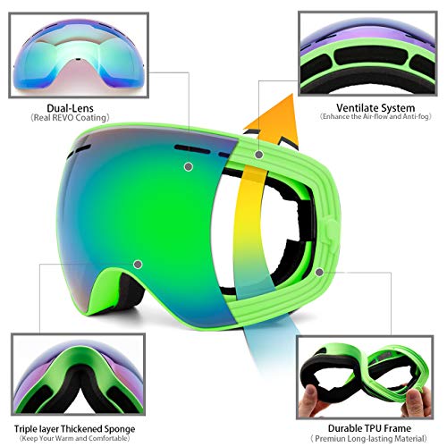 Image of JULI Kids Ski Goggles,Interchangeable Double Layer Spherical Lens,OTG Anti-Fog Snowboard Skate Snow Goggles Age 4-16 4300(Green)