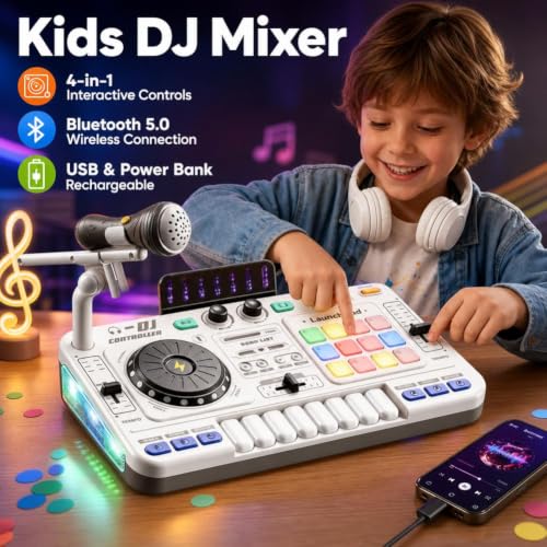 Kids DJ Mixer Turntable Toy Musical Instrument Station with Microphone for Creative Fun - Image 3