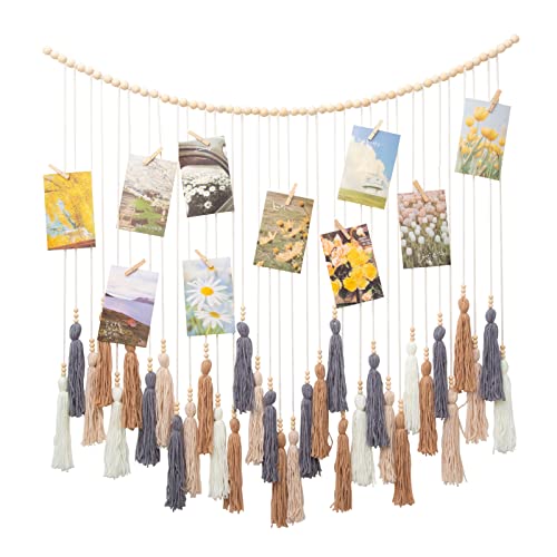 Macrame Photo Wall Hanging, Hanging Photo Display With Clips, Boho Tassels Garland Photo Display, For Bedroom Wall Decor, Girls' Room Decoration (43"X31") #TOP1
