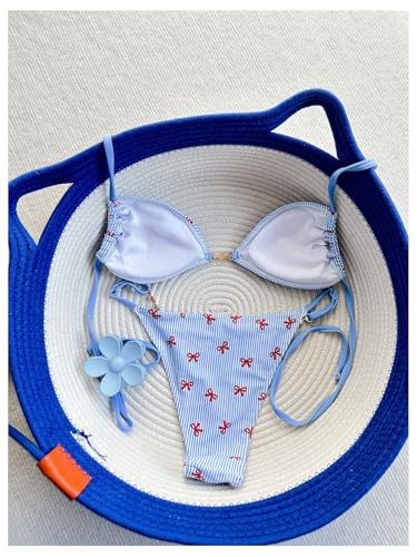 Image of RoseSeek Women's Floral Print Cheeky Bikini Sets Pearl Decor Halter Triangle High Cut String Thong Swimsuits