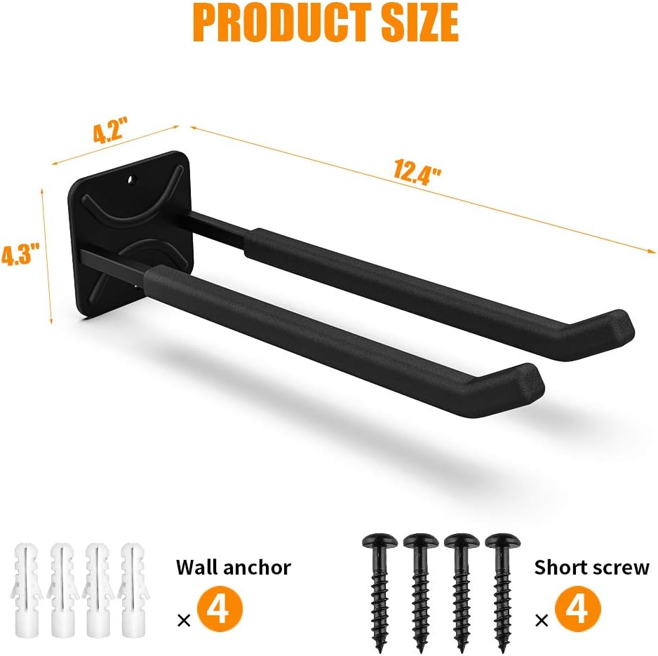 TORACK Garage Hooks Heavy Duty Tool Organizer, Wall Mount Hanger Rack Garage Storage Utility Hooks for Car Tires, Ladders, Chairs, Strollers, Power Tools, Garden Tools (2 Pack, 12.4" Hooks) - - 