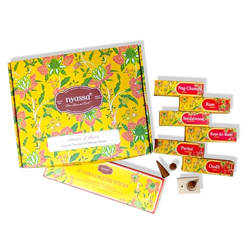Image of Nyassa Shades of India Luxury Home Fragrance Gift Set | Premium Handcrafted Dhoop Cones & Handcrafted Incense Sticks | Floral & Woody Fragrances | Raksha Bandhan Gifts for Brother, Sister & Family